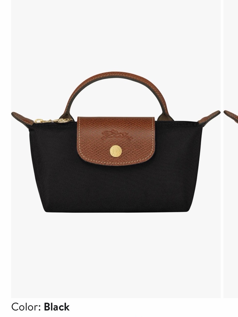 Longchamp Small Black Nylon and Brown Leather Top-Handle Clutch